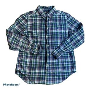 Ralph Lauren Boys Blue Green Plaid Button Down Shirt Size L 14–16 Preppy